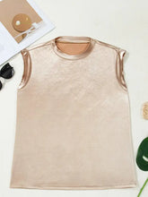 Round neck tank top in rose gold metallic sleeveless design with subtle textured finish and satin trim