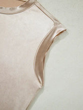 A soft blush pink round neck tank top with satin trim and gold metallic accents along the neckline and armhole