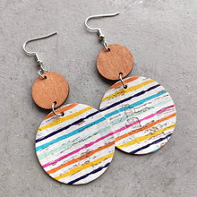 Round shape wooden dangle earrings with striped cork leather drops