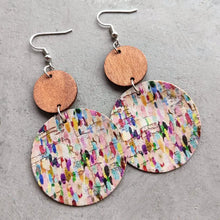 Round shape wooden dangle earrings with colorful cork circles