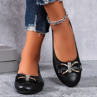 Round Toe Ballet Flats with Bow Detail for Women Black Woman Loafers