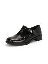 Black patent leather round toe block heels loafers with brogue and silver studs