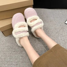 Pink round toe flats furry slippers with cream faux fur straps