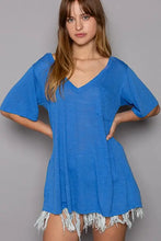 Royal blue loose fit V-neck short sleeve tunic with distressed fringe hem