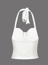 White ruched halter neck cami with gold-toned front clasp and tied neck ties in lightweight fabric