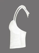 White textured ruched halter neck cami with tied shoulder straps in a lightweight fabric for summer wear