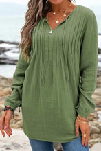 Ruched long sleeve olive green tunic with tie neck and pintuck details