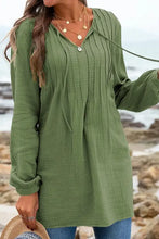 Ruched long sleeve olive green tunic with sleeve tie neck and pintuck details