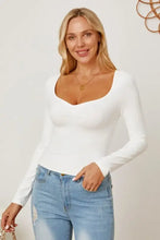 White ruched long sleeve sweetheart neck fitted top