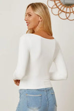 Womens white ruched long sleeve knit top with scoop neck