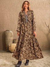 Ruched Printed Notched Long Sleeve Maxi Dress Woman Maxi Dress