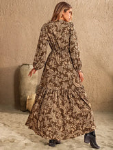 Ruched Printed Notched Long Sleeve Maxi Dress Woman Maxi Dress