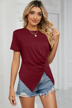 Women’s maroon ruched round neck short sleeve T-shirt with asymmetric hem