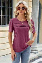 Women’s ruched round neck short sleeve plum top with pintucks