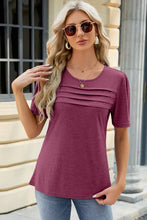 Women’s short sleeve ruched round neck maroon t-shirt with pintuck pleats