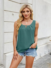 Teal ruched scoop neck tank with sleeveless design keyhole neckline and pleated detail for casual wear