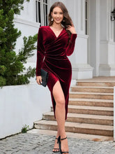 Ruched Slit Surplice Wrap Dress Burgundy Cocktail Dress