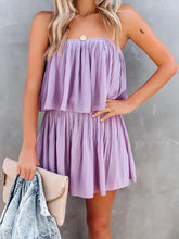 Ruched spaghetti strap romper in soft lavender with pleated tiers, wash cold