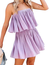 Ruched spaghetti strap romper in soft lavender with tiered ruffles