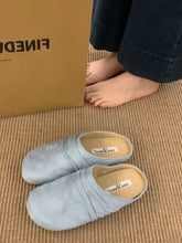 Light blue ruched suede round toe flats loafers with Finders Keepers branding