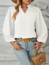 Women’s ruched swiss dot notched balloon sleeve blouse with ruffles