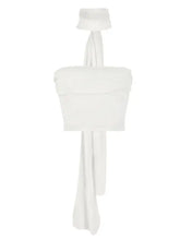 White ruched tube top with flowing fabric and matching headband featuring a strapless corset design