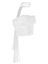 White satin ruched tube top with twisted draped neckline and long side ties strapless corset style