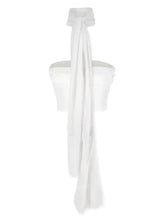 White sheer fabric ruched tube top with long flowing tie-back design showing back side strapless corset style