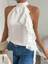 White ruffle halter neck sleeveless blouse with layered ruffles and flowing lightweight fabric for elegant wear