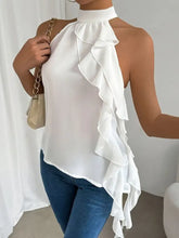 White ruffle halter neck sleeveless blouse with layered cascading ruffles on one side for elegant summer wear