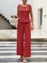 Ruffle hem tank and pants set in red textured fabric