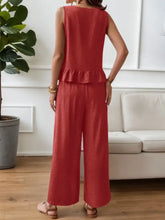 Red textured sleeveless top with ruffled hemline, Ruffle Hem Tank and Pants Set