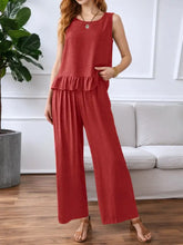 Red textured sleeveless Ruffle Hem Tank and Pants Set, front view