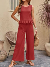 Red textured sleeveless Ruffle Hem Tank and Pants Set with ruffled hem