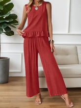 Red textured sleeveless top with ruffled hemline, Ruffle Hem Tank and Pants Set
