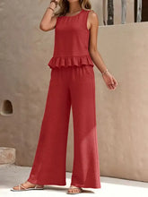 Red textured sleeveless Ruffle Hem Tank and Pants Set with ruffled hemline