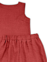 Rust-colored sleeveless linen Ruffle Hem Tank Dress with gathered waistband