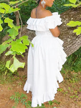 White off-the-shoulder ruffle maxi dress with layered fabric and high-low hemline for elegant occasions