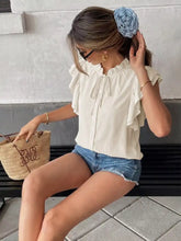 Beige ruffle sleeve tie neck shirt with button front in lightweight fabric for elegant casual wear