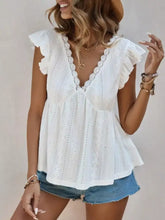 White eyelet lace ruffle sleeve v-neck blouse with cap sleeves perfect for elegant casual wear