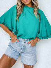 Teal ruffle trim half sleeve blouse with ruffled trim sleeves made of lightweight fabric for stylish occasions