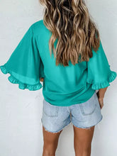 Teal ruffle trim half sleeve blouse with bell sleeves and ruffled cuffs in lightweight fabric for elegant wear