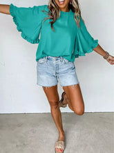 Teal ruffle trim half sleeve blouse with bell sleeves showcasing elegant ruffle trim for a stylish look