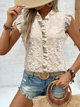 Beige floral lace ruffle trim sleeveless blouse with button front and delicate ruffled edges for elegant wear