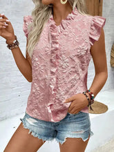 Pink floral lace ruffle trim sleeveless blouse with delicate ruffled edges perfect for elegant summer wear