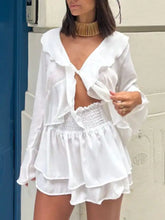 White ruffled blouse with deep v-neck and smocked waistband from Ruffle Trim Top and Skirt Set