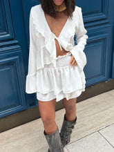 White layered ruffle dress with V-neck tie-front in two-piece set