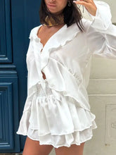 White ruffled long-sleeve V-neck blouse from Ruffle Trim Top and Skirt Set