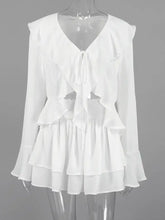 White sheer long-sleeved ruffle trim blouse from two-piece set