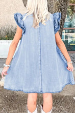 Light blue denim dress with ruffled cap sleeves and straight hem in a stylish cap sleeve denim dress design